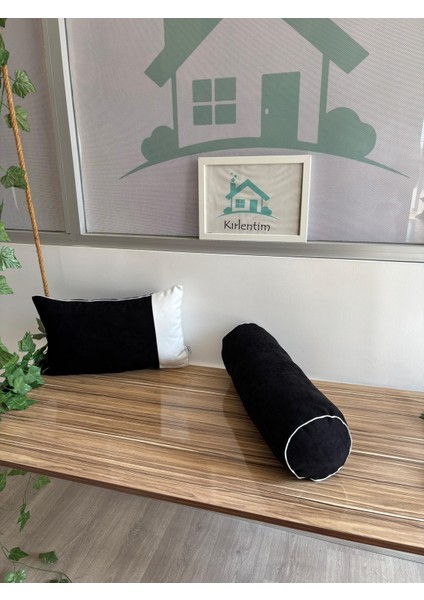 Siyah Kadife Dikdörtgen-Silinidir Kırlent Kombini