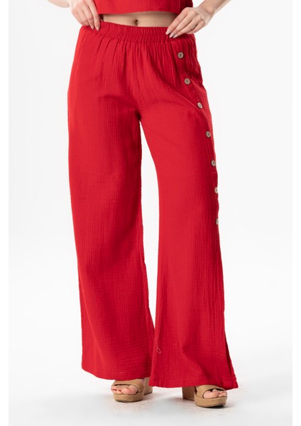 Izel Yırtmaçlı Yazlık Müslin Pantolon Kırmızı Krmz