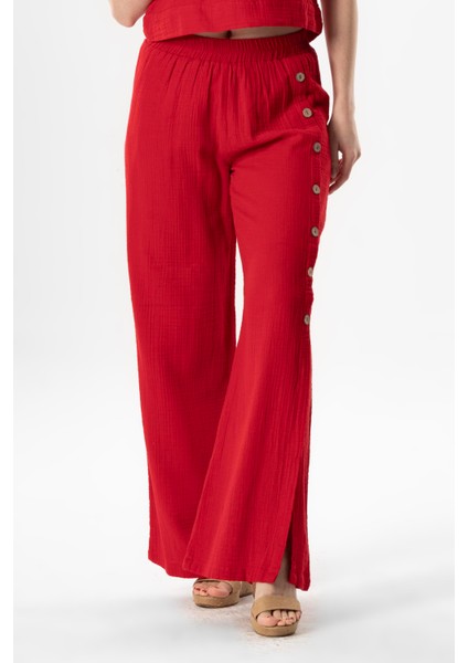 Izel Yırtmaçlı Yazlık Müslin Pantolon Kırmızı Krmz indirimleri