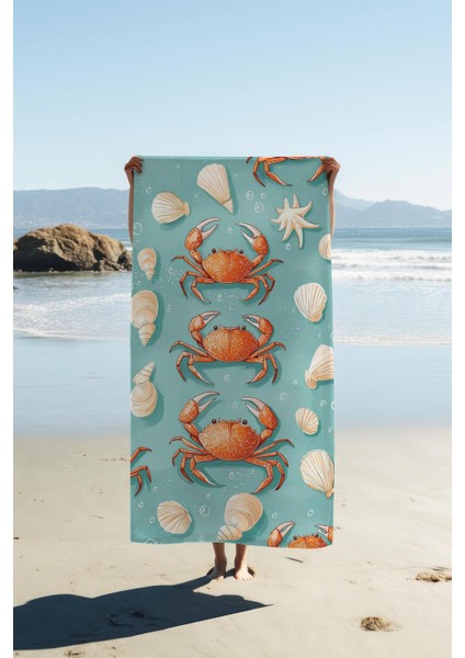 Dijital Baskı Plaj Deniz Havlusu Yengeç Desenli Peştamal HVL0115