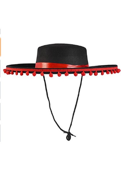 Kırmızı Ponponlu Siyah Renk Çocuk Ispanyol Şapkası
