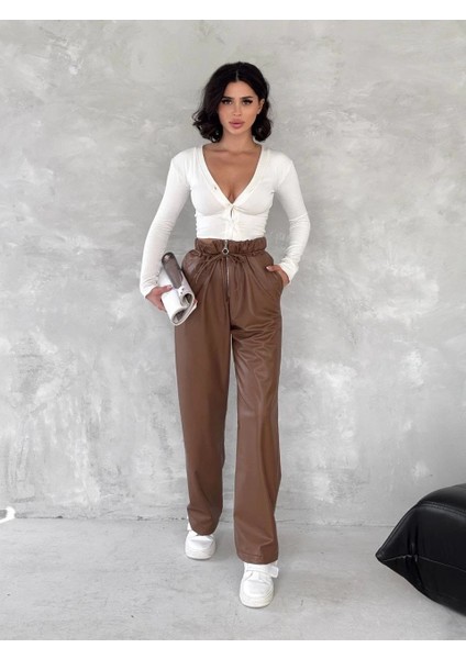 Kendinden Ince Kemerli Deri Pantolon Kahve