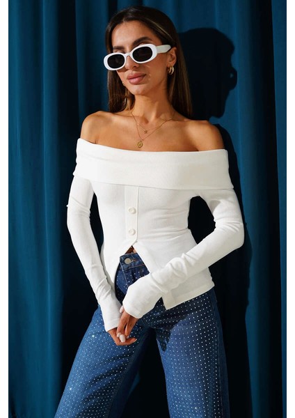 Madonna Yaka Düğmeli Bluz Beyaz