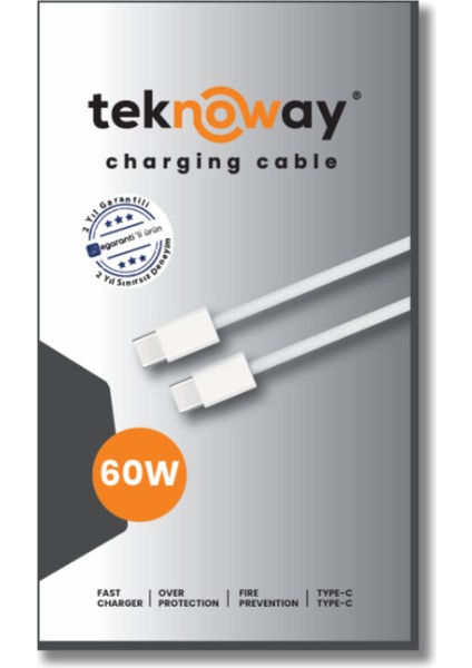 60W Type-C To Type-C Şarj Kablosu Beyaz Örgülü
