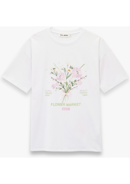 Kısa Kollu Bisiklet Yaka Çiçek Baskılı Pamuklu Oversize Tişört