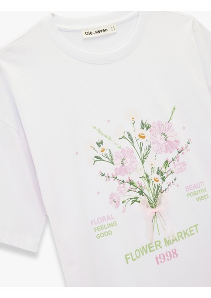 Kısa Kollu Bisiklet Yaka Çiçek Baskılı Pamuklu Oversize Tişört modelleri
