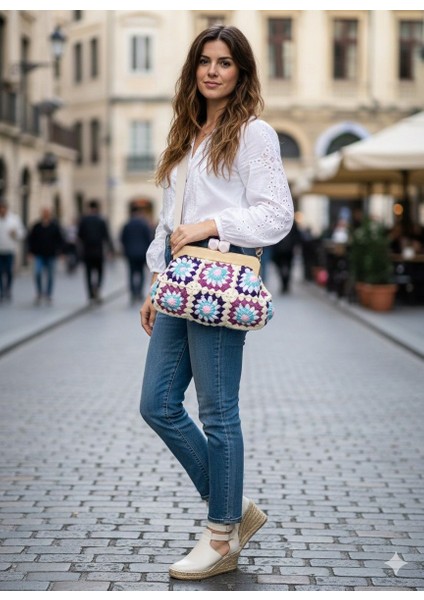 Örgü Motifli Ahşap Burslu Çanta
