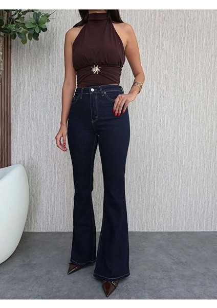 Dar Kalıp - Bir Beden Büyük Alınabilir Koyu Lacivert Ispanyol Paça Kadın Jean Pantolon