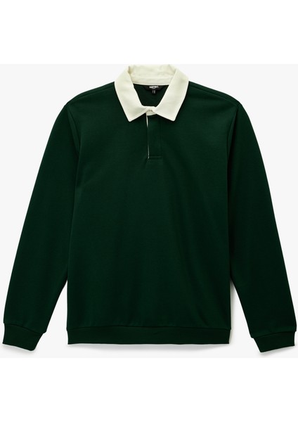 Regular Fit Renk Kontrastlı Düğmeli Polo Yaka Sweatshirt