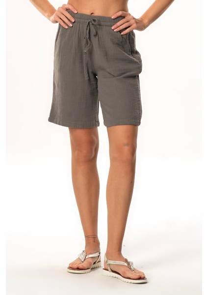 Inci Bağlamalı Uzun Yazlık Müslin Şort Gri Gri