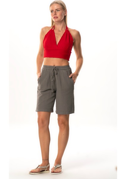 Inci Bağlamalı Uzun Yazlık Müslin Şort Gri Gri indirimleri