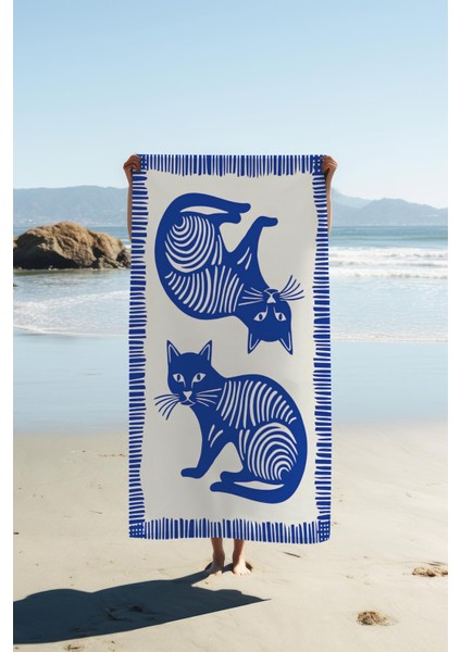 Dijital Baskı Plaj Deniz Havlusu Kedi Desenli Peştamal HVL0129