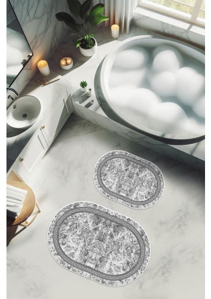 Yıkanabilir Kaymaz Tabanlı Modern Desenli 2'li Banyo Paspas Takımı OBPS0010