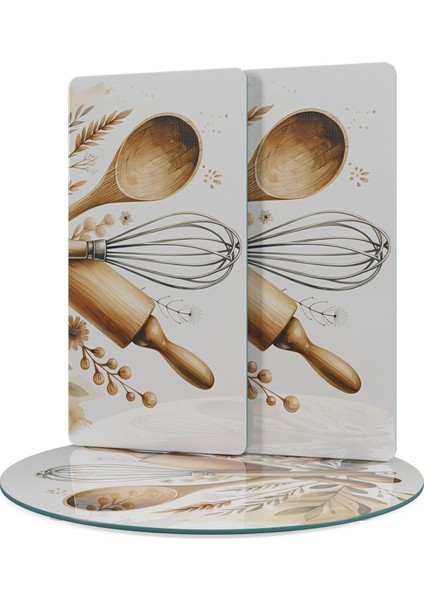 Cam Sunum Servis Tabağı 3'lü Yuvarlak Set Kitchenware Desenli