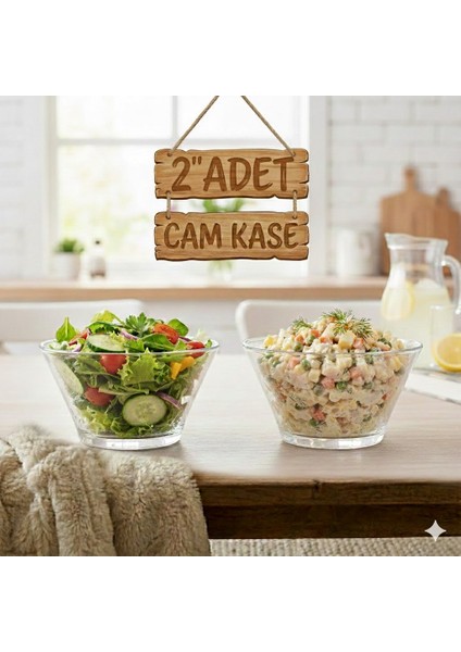 2'li Cam Kase - Dekoratif Sunum Kasesi ve Meyve Kasesi - Düz