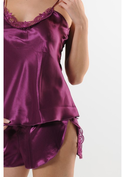 Mor Saten Babydoll Şortlu Takım fiyatları