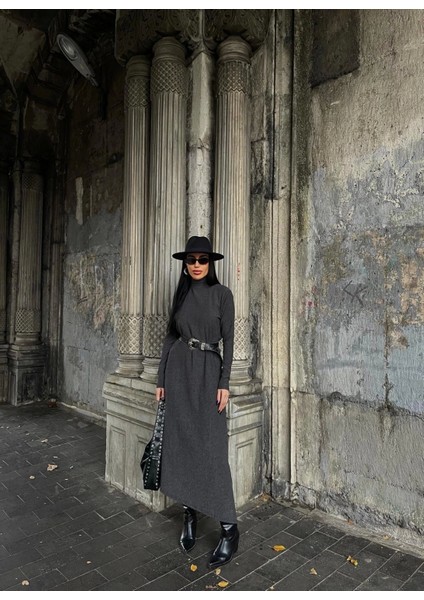 Boğazlı Kalın Bürümcük Uzun Elbise Siyah indirimleri