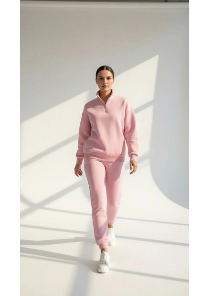 3 Iplik Şardonlu Yarım Fermuarlı Sweatshirt Somon fiyatları