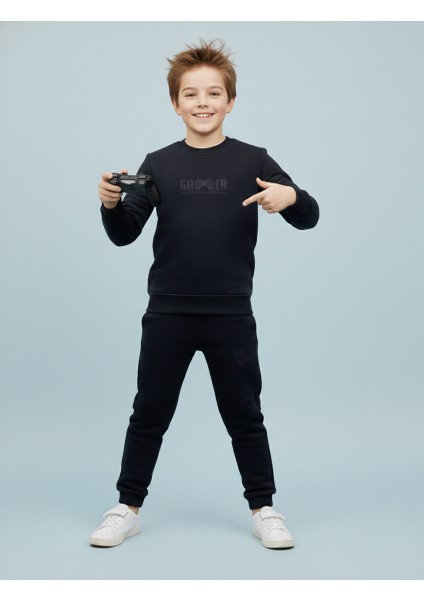 3 Iplik Çocuk Şardonlu Kabartmalı Baskı Siyah Kombin 3 modelleri