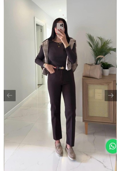 Acı Kahve Kesik Paça Boy Fit Kadın Jean Pantolon