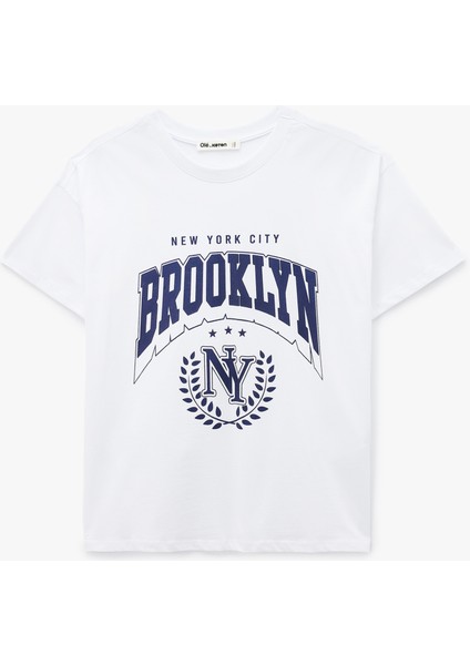 Pamuklu Baskılı Kısa Kollu Bisiklet Yaka Oversize Tişört