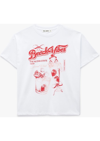 Pamuklu Kısa Kollu Bisiklet Yaka Fiyonk Baskılı Oversize Tişört