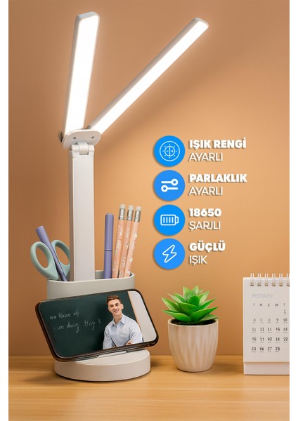 Şarjlı Masa Lambası Çift Geniş Kafa Dimmerli Kalemlikli Telefon Standlı Ders Çalışma Işığı 0606-1