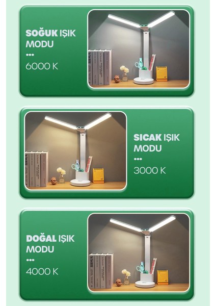 Şarjlı Masa Lambası Çift Geniş Kafa Dimmerli Kalemlikli Telefon Standlı Ders Çalışma Işığı 0606-1 fiyatları