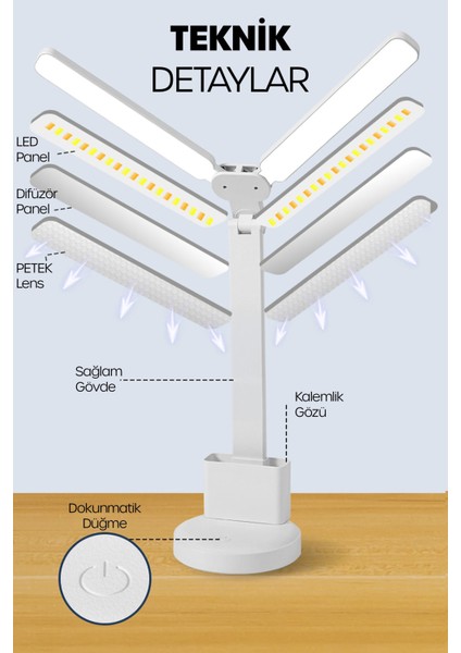 Şarjlı Masa Lambası Çift Geniş Kafa Dimmerli Kalemlikli Telefon Standlı Ders Çalışma Işığı 0606-1 modelleri