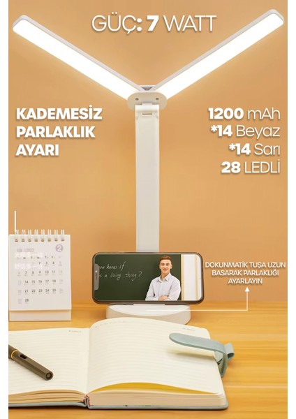 Şarjlı Masa Lambası Çift Geniş Kafa Dimmerli Kalemlikli Telefon Standlı Ders Çalışma Işığı 0606-1 fırsatları