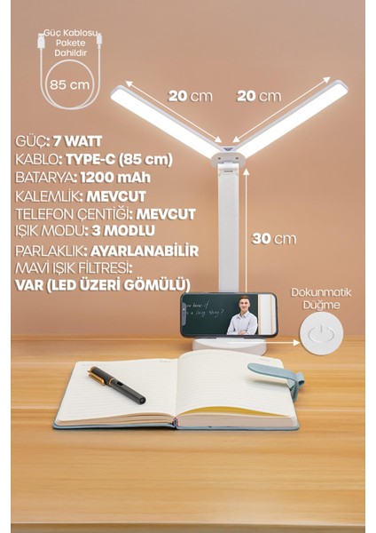 Şarjlı Masa Lambası Çift Geniş Kafa Dimmerli Kalemlikli Telefon Standlı Ders Çalışma Işığı 0606-1 indirimleri