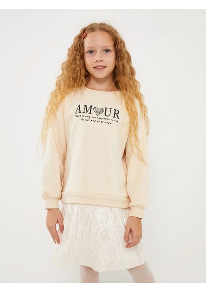 Lcw Kids Bej Bisiklet Yaka Baskılı Uzun Kollu Kız Çocuk Elbise