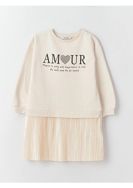 Lcw Kids Bej Bisiklet Yaka Baskılı Uzun Kollu Kız Çocuk Elbise modelleri