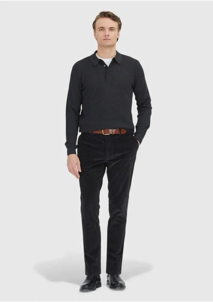 Antrasit Polo Yaka Jakarlı Yün Karışımlı Triko Kazak fiyatları