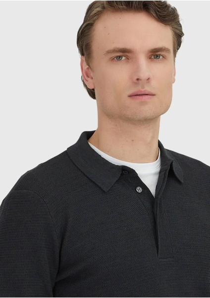 Antrasit Polo Yaka Jakarlı Yün Karışımlı Triko Kazak modelleri