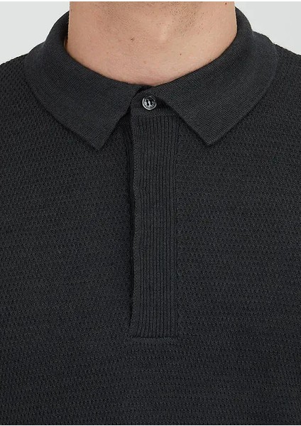 Antrasit Polo Yaka Jakarlı Yün Karışımlı Triko Kazak fırsatları