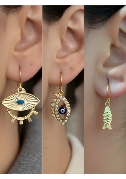 Balık Göz Nazar Göz Sembol Figürlü 3’lü Kadın Küpe Set