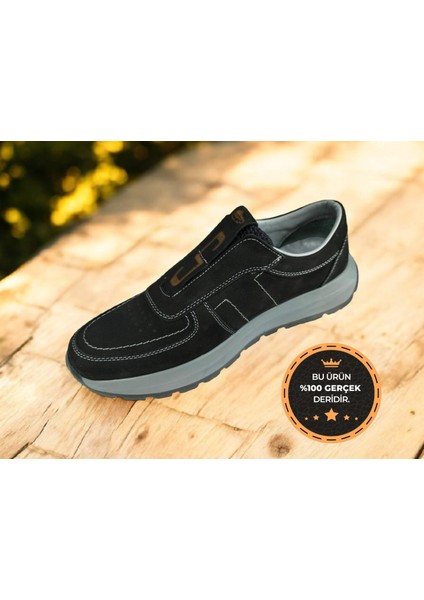 B-4802 Hakiki Nubuk Deri Lastikli Bağcıksız Model Kaymaz Erkek Rahat Günlük Ayakkabı