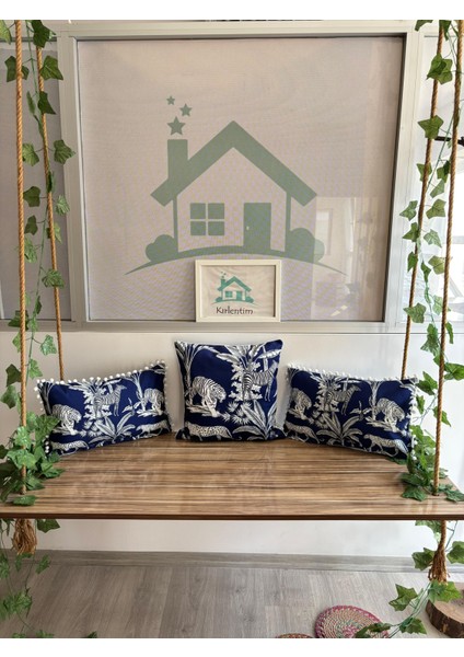 H1219 Lacivert Zemin Tropikal - 3lü Kırlent Kombin Set