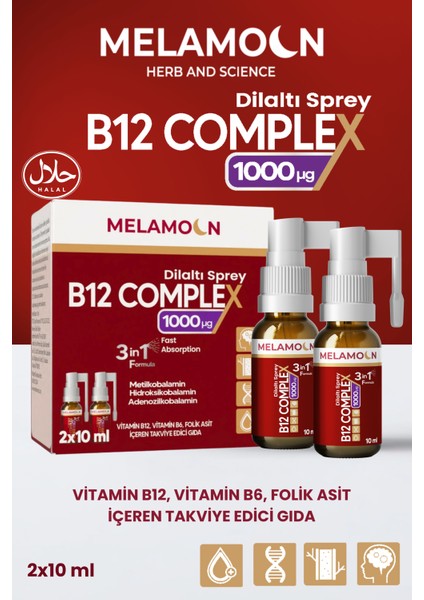 B12 Complex, Vitamin B12, Vitamin B6, Folik Asit Içeren Takviye Edici Dil Altı Sprey 2X10 ml