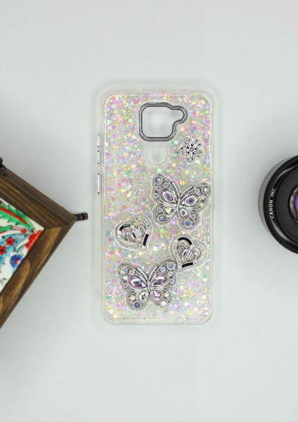 Xiaomi Redmi Note 9 Kılıf Kelebek Desenli Parlak Simli Kapak