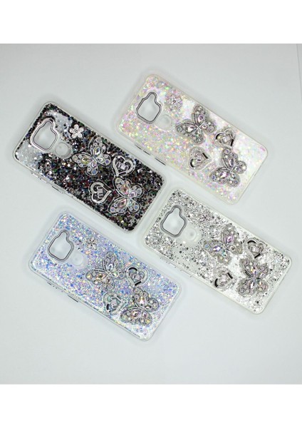 Xiaomi Redmi Note 9 Kılıf Kelebek Desenli Parlak Simli Kapak