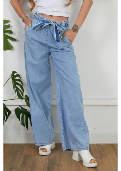 Kadın Rahat Kesim Beli Lastikli İnce Kot Pantolon modelleri