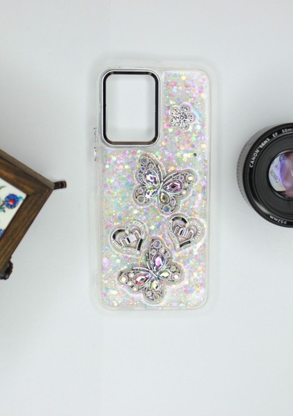 Xiaomi Redmi 12 Kılıf Kelebek Desenli Parlak Simli Kapak
