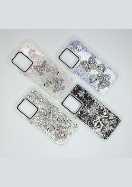 Xiaomi Redmi 12 Kılıf Kelebek Desenli Parlak Simli Kapak