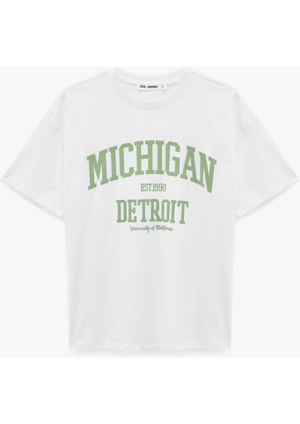 Baskılı Kısa Kollu Bisiklet Yaka Oversize Tişört