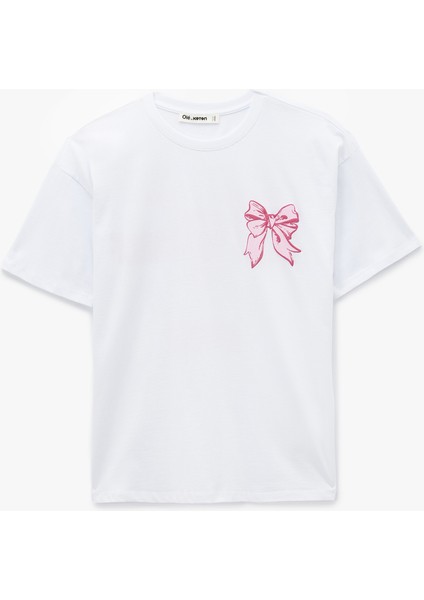 Kısa Kollu Bisiklet Yaka Fiyonklu Arkası Baskılı Oversize Tişört