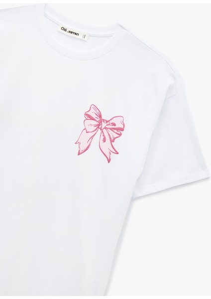 Kısa Kollu Bisiklet Yaka Fiyonklu Arkası Baskılı Oversize Tişört modelleri