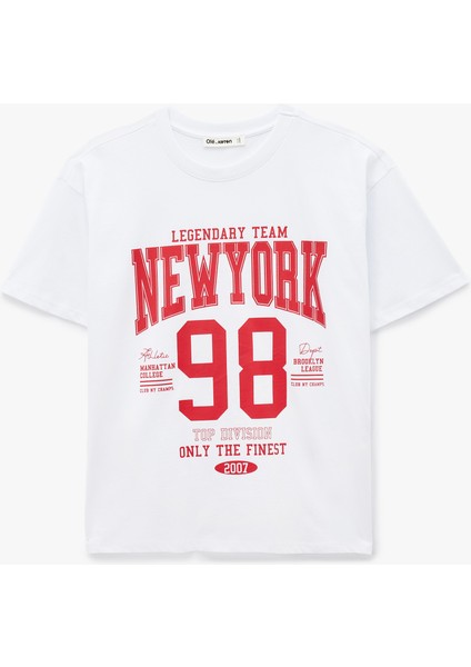 Pamuklu Kısa Kollu Bisiklet Yaka Baskılı Oversize Tişört