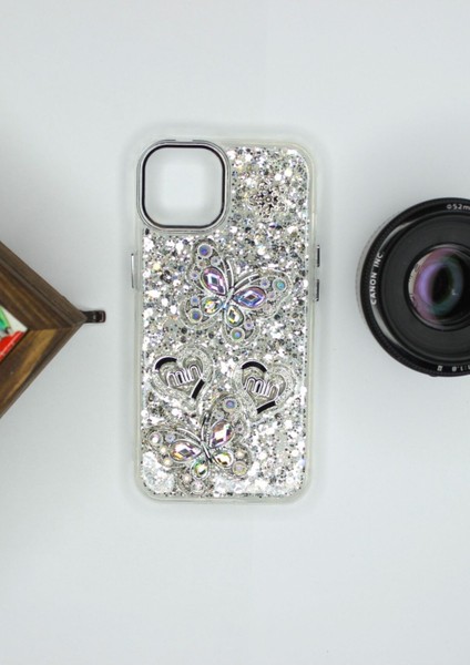 Iphone 13 Kılıf Kelebek Desenli Parlak Simli Kapak